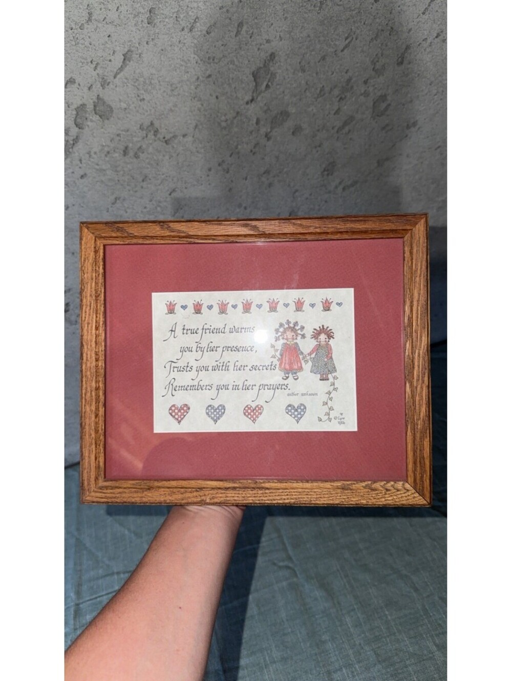 Vtg. Framed Embroidered Cross Stitch "A True Friend" Fabric Art Wall Decor